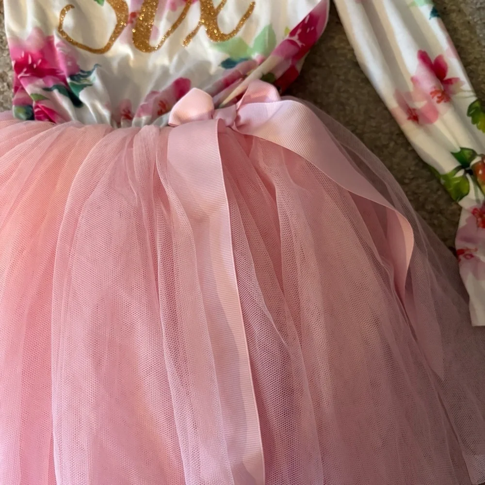 Grace and Lucille Pink Floral Tutu Dress Six 6 Birthday Pink White Long Sleeve